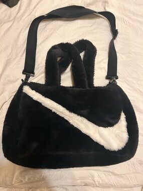 Nike Black Faux Fur Shoulder Bag with White Swoosh Accent